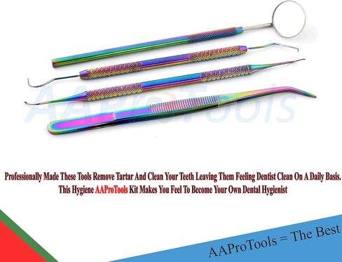 4 PCS Multi Rainbow Basic Economy Professional Professional Dental Hygiene Plaque Set ، Scaler Explorer Explorer Excavator Mirt Mirror Tweezer W/Case Instruments Home College Use for البالغين in Saudi Arabia