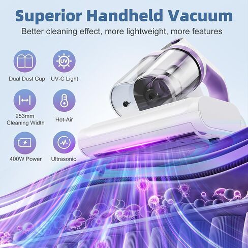 منظف ​​فراغ مرتبة ، مكنسة كهربائية للأشعة فوق البنفسجية للمراتب مع التنظيف العميق للموجات فوق الصوتية والدفاع ، فصح الشعر البالغة 15 كيلو باسكال للحيوانات الأليفة للسرير/الأريكة (الحبل ، الأرجواني الخيالي) in Kuwait