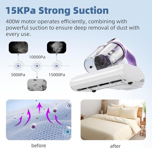 منظف ​​فراغ مرتبة ، مكنسة كهربائية للأشعة فوق البنفسجية للمراتب مع التنظيف العميق للموجات فوق الصوتية والدفاع ، فصح الشعر البالغة 15 كيلو باسكال للحيوانات الأليفة للسرير/الأريكة (الحبل ، الأرجواني الخيالي) in Kuwait