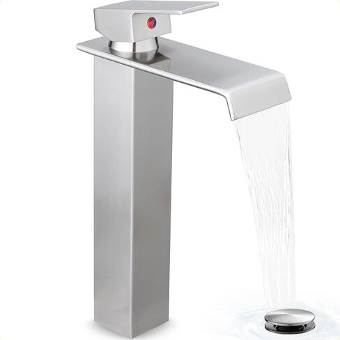 Tall Vessel Sink Faucet Brushed Nickel, Brass Waterfall Vessel Faucet, Single Handle Bathroom Faucet Tall Modern Bathroom Faucets for Vessel Sinks with Pop Up Drain and Supply Hoses in Kuwait