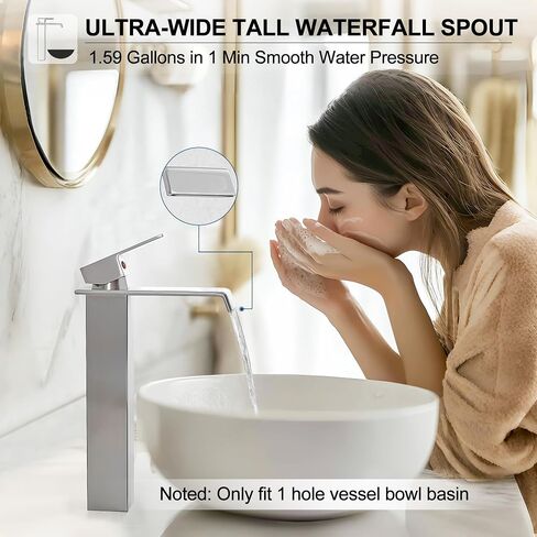 Tall Vessel Sink Faucet Brushed Nickel, Brass Waterfall Vessel Faucet, Single Handle Bathroom Faucet Tall Modern Bathroom Faucets for Vessel Sinks with Pop Up Drain and Supply Hoses in Kuwait