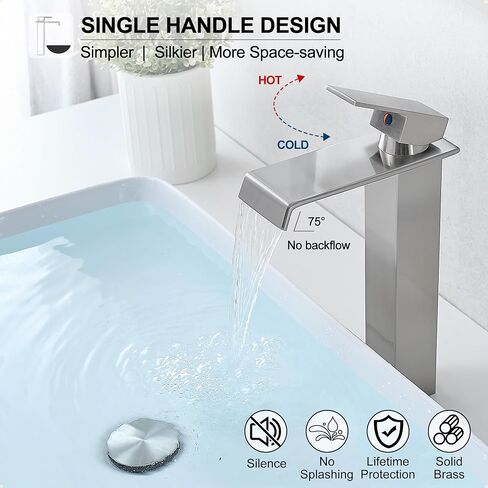 Tall Vessel Sink Faucet Brushed Nickel, Brass Waterfall Vessel Faucet, Single Handle Bathroom Faucet Tall Modern Bathroom Faucets for Vessel Sinks with Pop Up Drain and Supply Hoses in Kuwait
