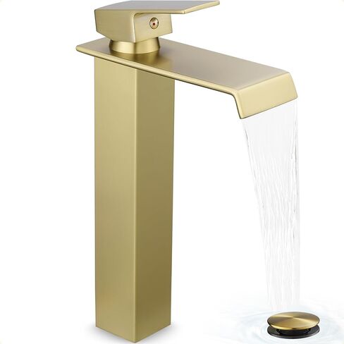 Tall Vessel Sink Faucet Brushed Nickel, Brass Waterfall Vessel Faucet, Single Handle Bathroom Faucet Tall Modern Bathroom Faucets for Vessel Sinks with Pop Up Drain and Supply Hoses in Saudi Arabia
