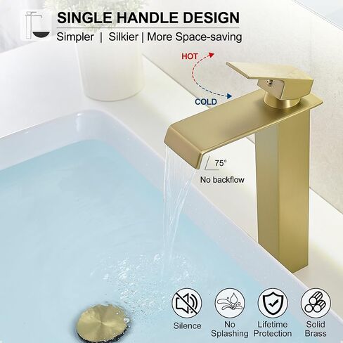 Tall Vessel Sink Faucet Brushed Nickel, Brass Waterfall Vessel Faucet, Single Handle Bathroom Faucet Tall Modern Bathroom Faucets for Vessel Sinks with Pop Up Drain and Supply Hoses in Saudi Arabia
