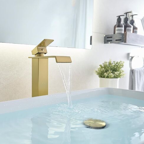 Tall Vessel Sink Faucet Brushed Nickel, Brass Waterfall Vessel Faucet, Single Handle Bathroom Faucet Tall Modern Bathroom Faucets for Vessel Sinks with Pop Up Drain and Supply Hoses in Saudi Arabia