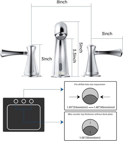 صنبور الحمام بلا لمس للاثابة 3 ثقوب مع 3 مقابض ، والتحكم في درجة الحرارة وتدفق المياه القابلة للتعديل ، وأوضاع تحريض قصيرة وطويلة ، مستشعر حركة السيارات المصنوعة من النيكل صنبور مجموعة 29180 in Kuwait