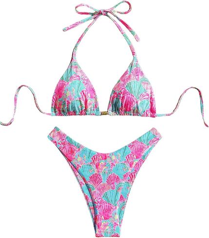 Women's 2 Piece Bikini Set Shell Triangle Thong Bikini Boho Seashell High Waisted Bathing Suit String Halter Swimsuit in Saudi Arabia