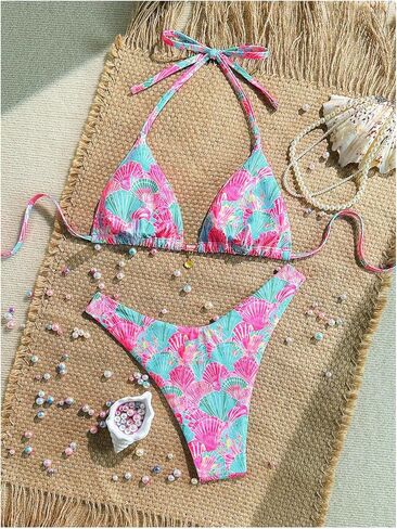 Women's 2 Piece Bikini Set Shell Triangle Thong Bikini Boho Seashell High Waisted Bathing Suit String Halter Swimsuit in Saudi Arabia