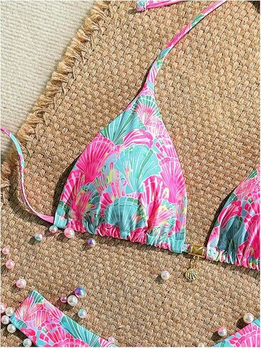 Women's 2 Piece Bikini Set Shell Triangle Thong Bikini Boho Seashell High Waisted Bathing Suit String Halter Swimsuit in Saudi Arabia