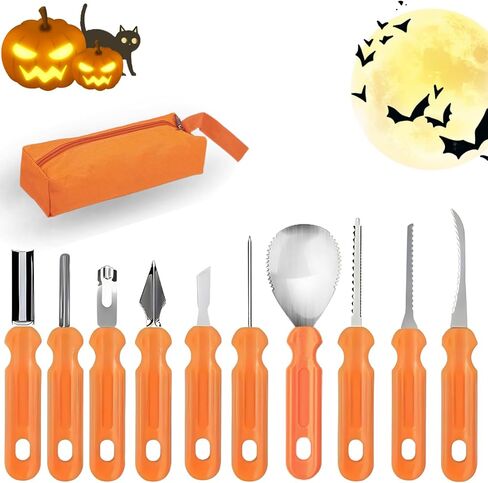 طقم نحت اليقطين ، 10 مساءً محترفة نحت من الفولاذ المقاوم للصدأ من الفولاذ المقاوم للصدأ مع علبة حمل ، وأداة نحت النحت على الجانب المزدوج لزينة الهالوين ، وآمنة ودائمة للأطفال البالغين in Kuwait