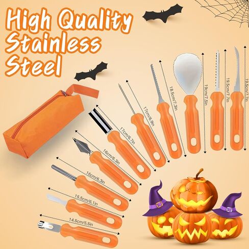 طقم نحت اليقطين ، 10 مساءً محترفة نحت من الفولاذ المقاوم للصدأ من الفولاذ المقاوم للصدأ مع علبة حمل ، وأداة نحت النحت على الجانب المزدوج لزينة الهالوين ، وآمنة ودائمة للأطفال البالغين in Kuwait