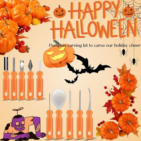 طقم نحت اليقطين ، 10 مساءً محترفة نحت من الفولاذ المقاوم للصدأ من الفولاذ المقاوم للصدأ مع علبة حمل ، وأداة نحت النحت على الجانب المزدوج لزينة الهالوين ، وآمنة ودائمة للأطفال البالغين in Kuwait