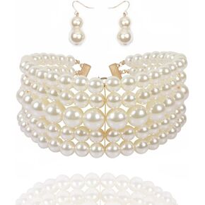 Aukmla Layered Pearl Choker Necklace Earrings Set Silver Short 1920s Chunky Necklaces Chain Wedding Jewelry Sets for Women and Girls