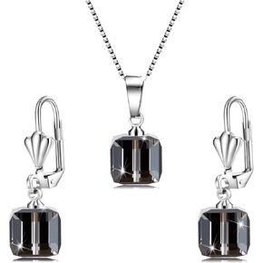 8mm Sugar Cube Crystal Jewelry Sets Pendant Earrings with Swarovski Crystals 20 inch Necklace,Clover French Leverback Ear Hook Women's Gifts,14K Platinum-Plated Mothers Day Gifts