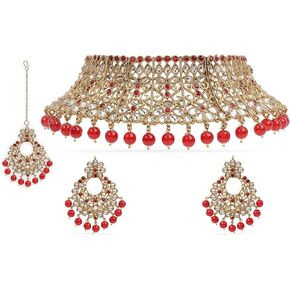 طقم مجوهرات زفاف بوليوود هندي مطلي بالذهب عيار 18 قيراط من I Jewels مصنوع من الخرز الصناعي مع Maang Tikka للنساء
