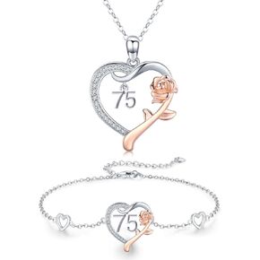 JUSTKIDSTOY 75 Year Old Birthday Gifts for Women / 75th Birthday Gifts for Old Woman 925 Sterling Silver Pendant Necklace and Bracelets Jewelry Set