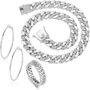 UNVirtuous 3 Pieces Cuban Link Chain for Women Cuban Diamond Chain Necklace Ring Earrings Hip Hop Silver jewelry set for women and Men