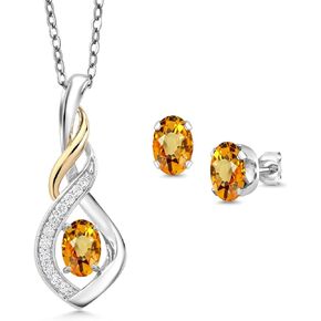 Gem Stone King 925 Silver and 10K Yellow Gold Yellow Sapphire and White Lab Grown Diamond Pendant and Earrings Jewelry Set For Women (1.92 Cttw, Gemstone September Birthstone, with 18 Inch Chain)