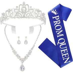4 Pieces Prom Queen and Tiara Set, Including Crystal Necklace, Rhinestone Crown, Silver Earrings for women and Prom Queen Sash