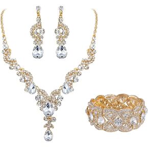 EVER FAITH Women's Austrian Crystal Gold-Tone Bridal Art Deco Floral Wave Multicolor Teardrop Necklace Earrings Clear Waterdrop Elastic Stretch Bracelet Jewelry Set Clear Gold-Tone