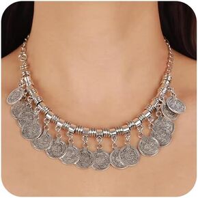Boho Collar Choker Engraved Coin Pendant Bib Statement Necklace Bohemian Vintage Antique Silver Punk Ethnic Style Statement Necklace for Women Halloween Carnival Costume