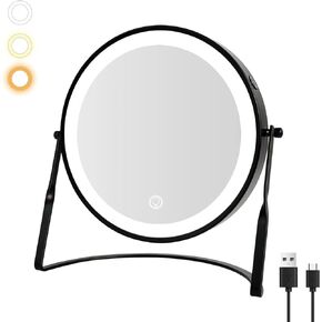 DOWRY 8.5'' Lighted Makeup Vanity Mirror with Magnification, Rechargeable 1x 10x Magnifying Mirror with 3 Color Light Brightness Adjustable, 360°Rotation Double Side Desk Cosmetic Mirror…