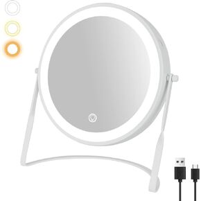 DOWRY 8.5'' Lighted Makeup Vanity Mirror with Magnification, Rechargeable 1x 10x Magnifying Mirror with 3 Color Light Brightness Adjustable, 360°Rotation Double Side Desk Cosmetic Mirror…