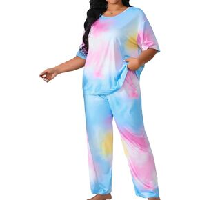 SOLY HUX Women's Plus Size Pajama Set Tie Dye Short Sleeve T Shirt and Pants Lounge Set 2 Piece Sleepwear