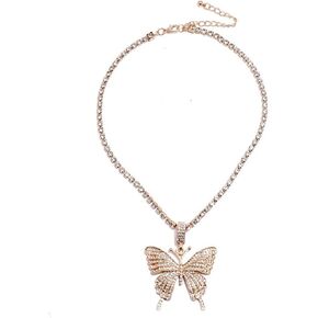 2Pcs Layered Hip Hop Shiny Rhinestone Bead Chunky Chain Butterfly Pendant Necklace Punk Crystal Cuban Link Chain Choker Collar Necklace for Women Girl Teen Party Birthday BarJewelry Gift