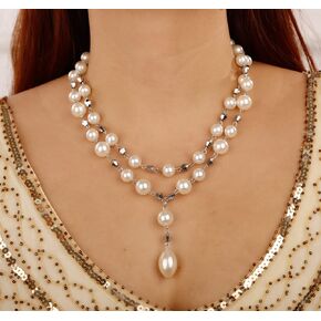 Sither Layerd Pearls Necklace for Women 1920s Vintage Pearls Pendant Choker Necklace for Halloween Christmas Party Costume Jewelry Gift