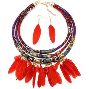 Tribal Choker Necklace and Feather Earrings Set for Women Girls,Boho Chunky Layered Bib Necklace African Ethnic Necklace,Woven Layering Collar Necklace Cleopatra Costumes Statement Fashion Jewelry