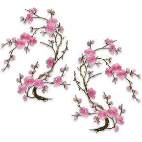 Expo International Pretty Plum Blossom Pair Iron On Embroidered Patches/Appliques, Pink