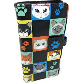 Shag Wear Cat Checkers Large Animal Wallet for Women and Teen Girls Vegan Faux Leather 7" Black