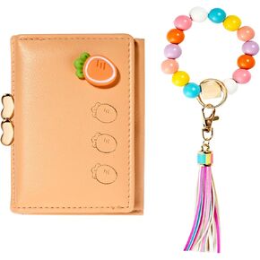 Cute Wallet Keychain Wristlet, Trifold RFID Blocking with Key Chain, Vegan Wallet with 7 Card Slots For Women Girls Ladies, Purple Wallet
