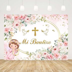 7x5ft Pink Mi Bautizo Backdrop for Girls Baby Shower God Bless First Holy Communion Background Oval Mexican Baptism Party Flowers Decorations Banner Props