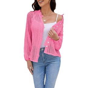 Womens Summer Lightweight Crochet Cardigan V-Neck Button Down Shirts Open Front Knit Mesh Crochet Shrug Sweater