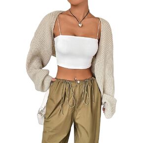 WDIRARA Women's Ribbed Knit Open Front Crop Cardigan Drop Shoulder Long Sleeve Sweater Tops