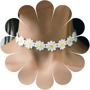 Boho White Lace Choker Necklace Vintage Daisy Flower Velvet Necklace White Daisy Lace Collar Necklace Daisy Velvet Ribbon Necklace Jewelry for Women and Girls