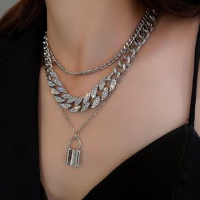 Fashion 3 Tier Punk Chunky Boho Simple Cute Rhinestones Lock Short Necklace Chain Choker Pendant Necklaces for Women and Girls