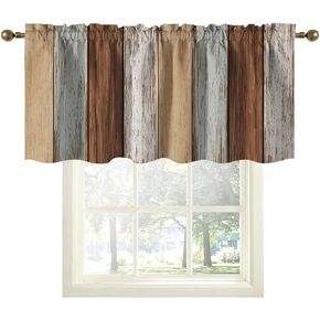 Blue and Brown Valance Curtains for Kitchen Wood Cabin Farmhouse Country Art Vintage Small Short Rod Pocket Panel Window Treatment for Living Room Bedroom Bathroom (52 x 18 Inch)