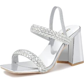Sparkly Rhinestone Chunky Heels for Women Square Toe Heeled Sandals Party Dressy Gold Pink Silver Black Slides Mules Shoes