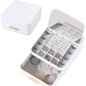 Jewelry Box Organizer for Girls Women,Travel Jewelry Case with Handle, 2 Drawers, Lockable Jewelry Organizer with Mirror, Lots of Storage Space,Modern Style