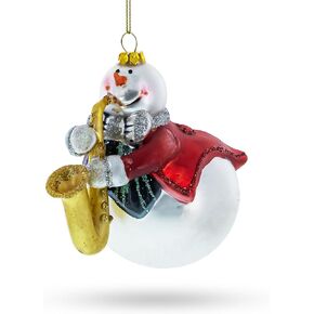 Jazzy Snowman Playing Saxophone - Blown Glass Christmas Ornament