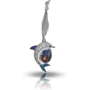 Blue Dolphin Bling Rhinestone Christmas Nautical Holiday Ornament - Garnet Birthstone Birthday Gift Ornament