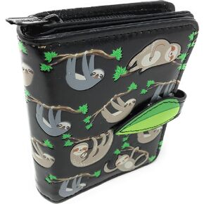 Shag Wear Sloth Wallet for Women and Teen Girls Vegan Faux Leather 4.5" Black Small