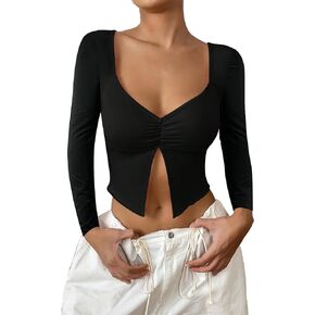 Remidoo Women's Split Front Long Sleeve Crop Tops Sweetheart Neck T Shirt Tops