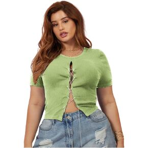 Floerns Women's Plus Size Rhinestone Lace Up Front Short Sleeve Tee Shirts