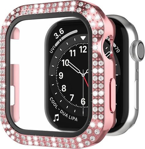 Crystal Diamond Bling Cases Compatible with Apple Watch Series 3 2 1 38mm Accessories Rhinestone Hard PC Tempered Glass Screen Protector Ultra Thin Protective Cover for iWatch Women Men, Pink in Saudi Arabia