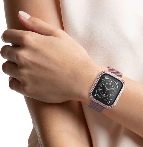 Crystal Diamond Bling Cases Compatible with Apple Watch Series 3 2 1 38mm Accessories Rhinestone Hard PC Tempered Glass Screen Protector Ultra Thin Protective Cover for iWatch Women Men, Pink in Saudi Arabia