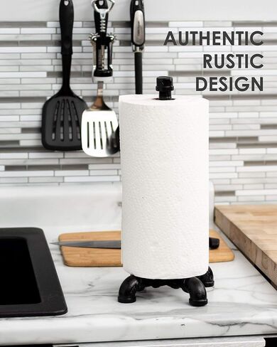 حامل مناشف ورقية صناعية مطلي باللون الأسود من Pipe DÉCOR، ديكور مزرعة المطبخ الريفي، قاعدة معدنية متينة ومجموعة حامل in Kuwait